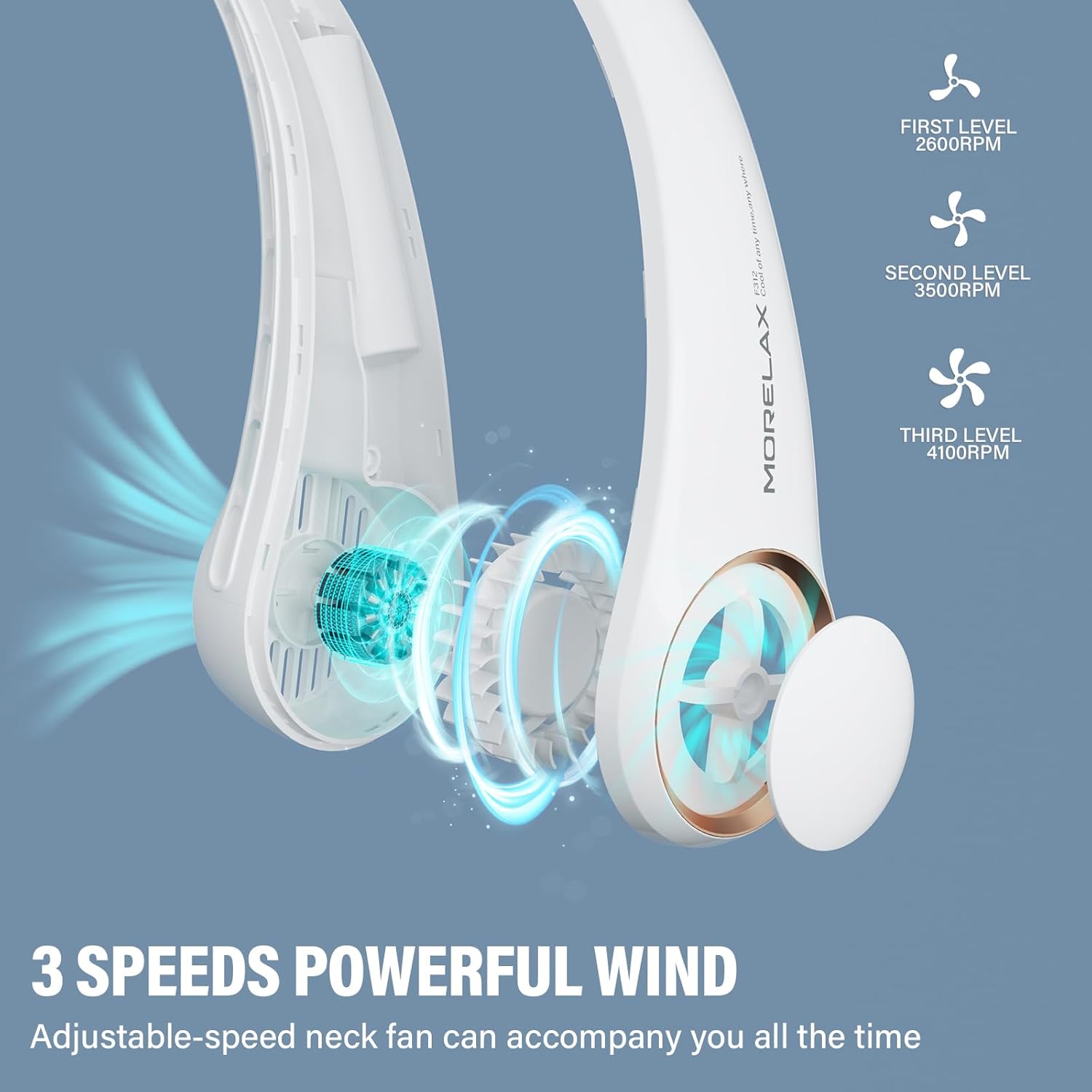 Morelax Neck Fan, Portable Neck Fan,Hands Free Bladeless Mini Fan with 360°Cooling Airflow, 3 Speeds Adjustable,Ultra Quiet Wearable, Suitable for Indoor Outdoor Travel Sports (White)
